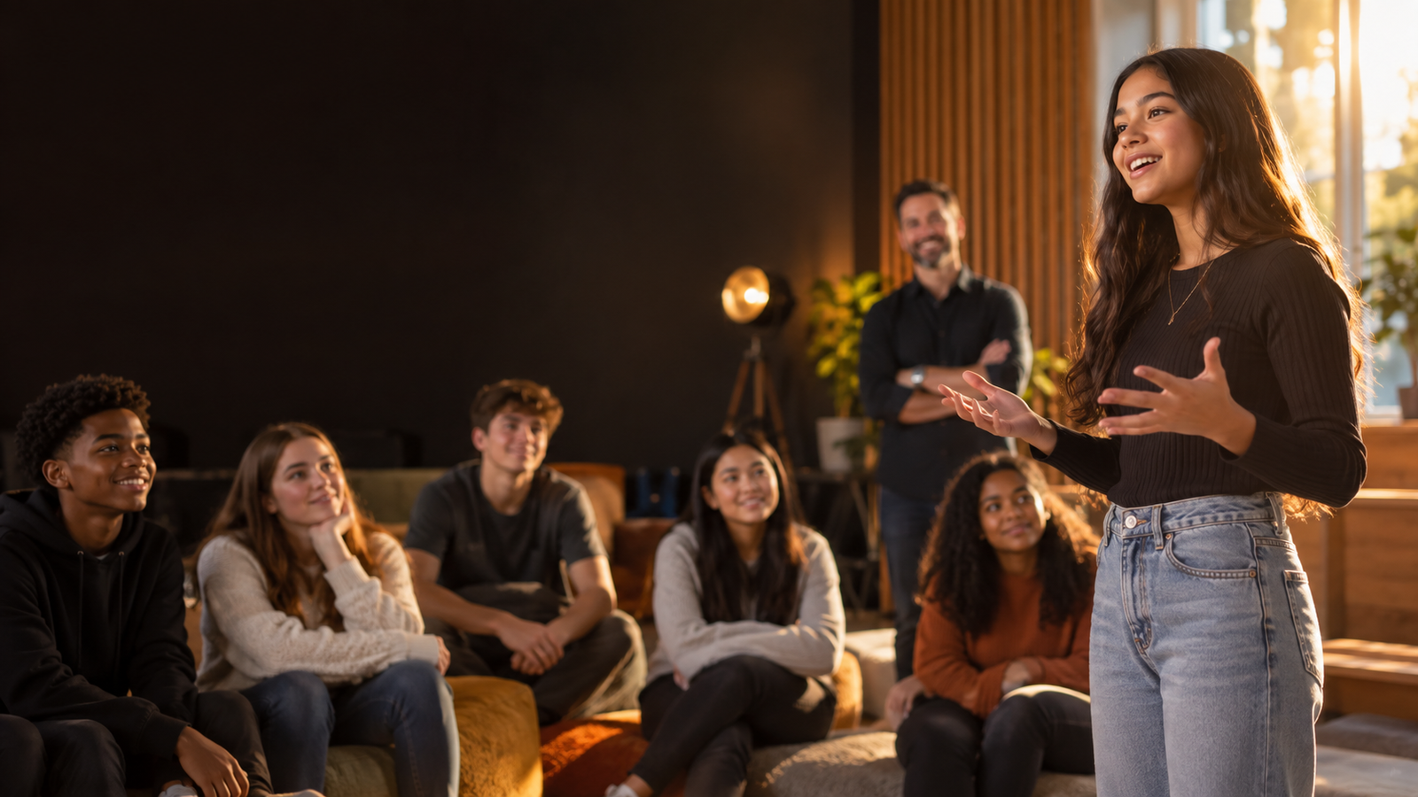 A student confidently presenting to peers during a public speaking workshop