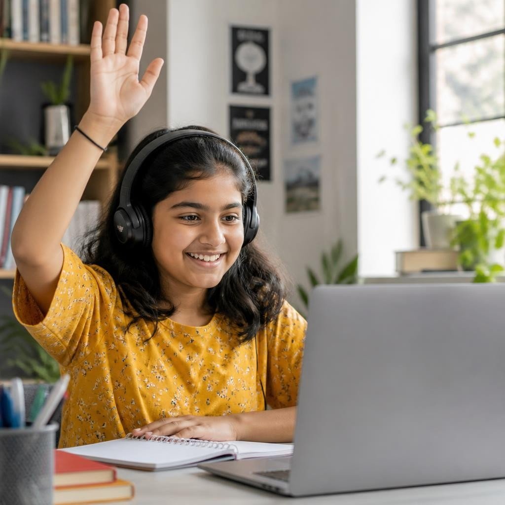 A student raising her hand during a live online learning session